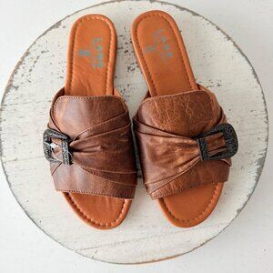 Lane Boots PONY UP Western Sandals Brown Leather Cowgirl Slip on Buckle Flats 11